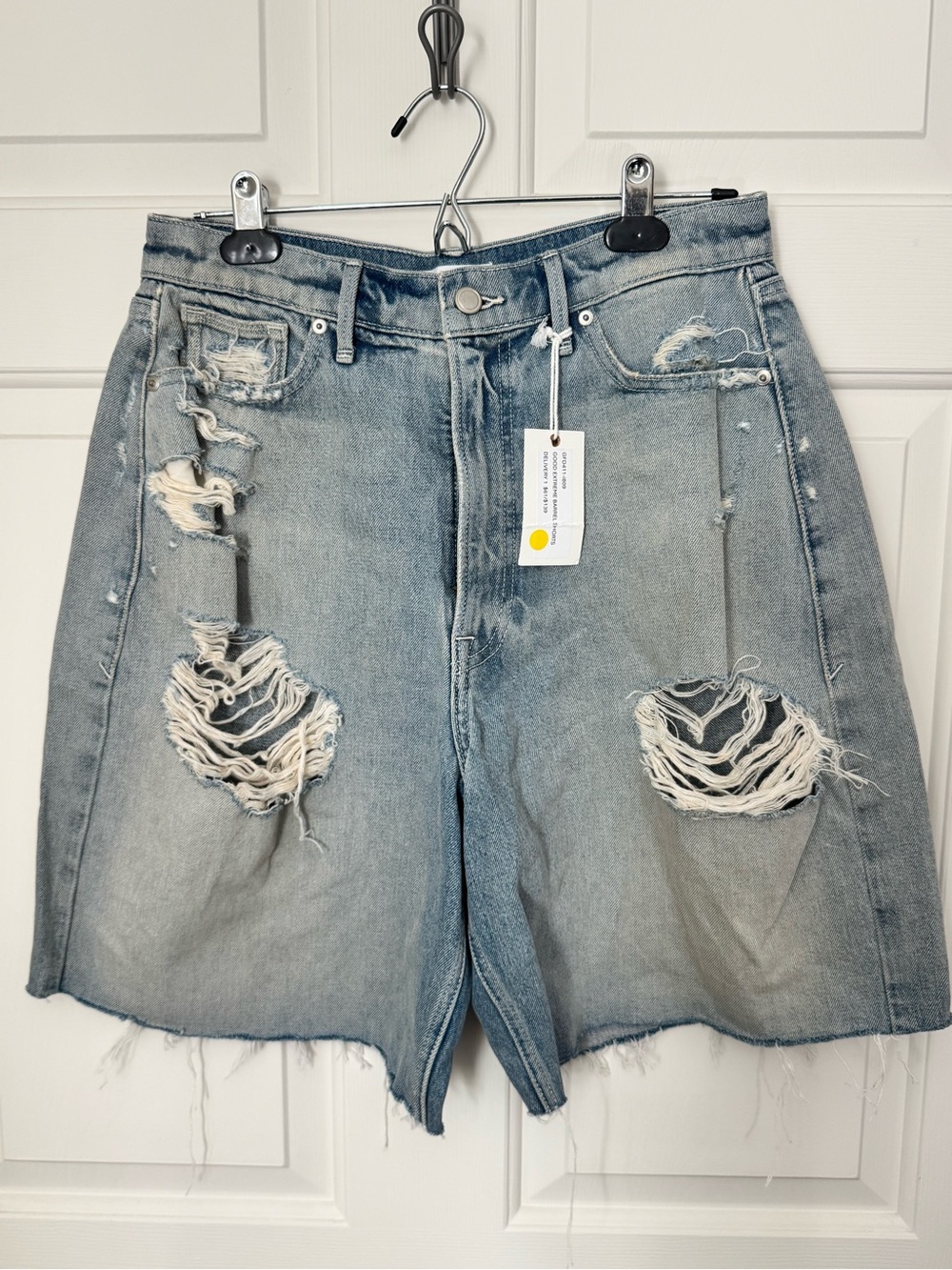 Good American Distressed Light Blue Denim Shorts